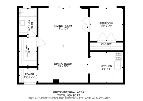 Floor plan for 1 bed, 1 bath, 500 sqft